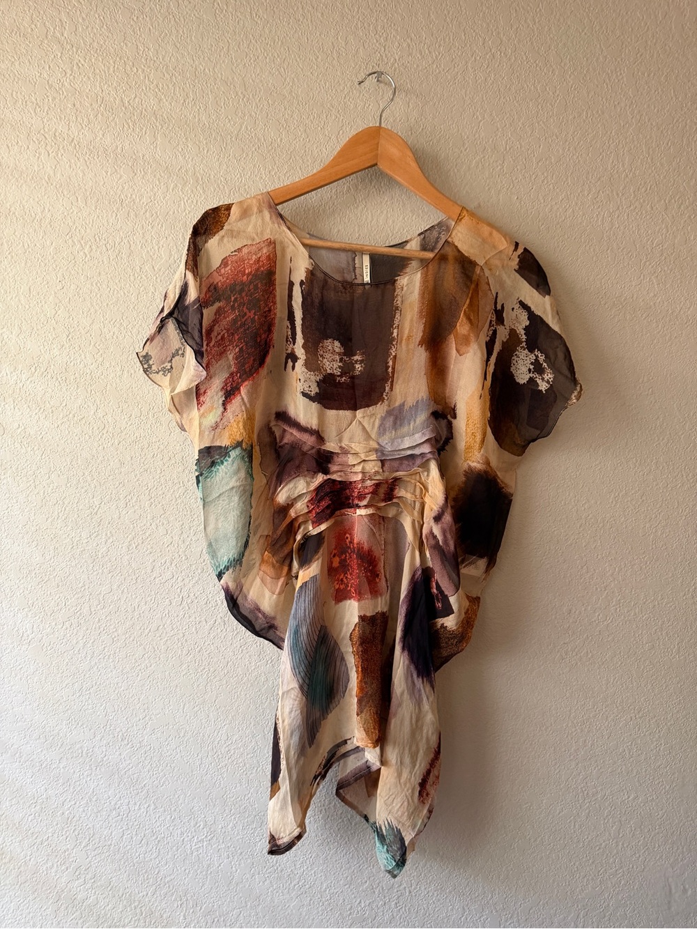 indies Boho Watercolor Print Women's Art to Wear Silk Blouse